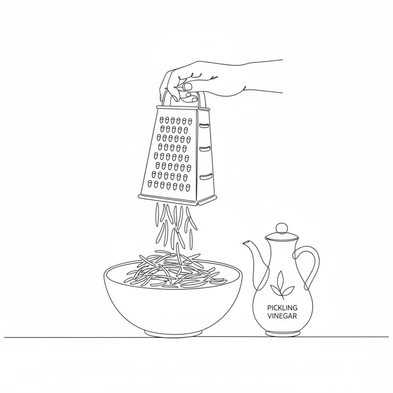 Illustration: morötter och rättika rivs ner i en skål med lag
