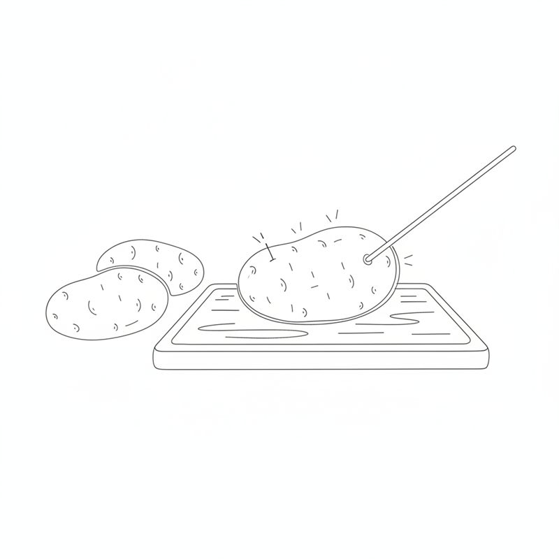 Illustration: en potatis sticks med ett spett på en skärbräda