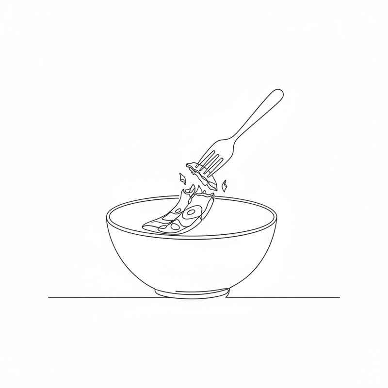 Illustration: rökt lax delas i flagor med gaffel i en skål