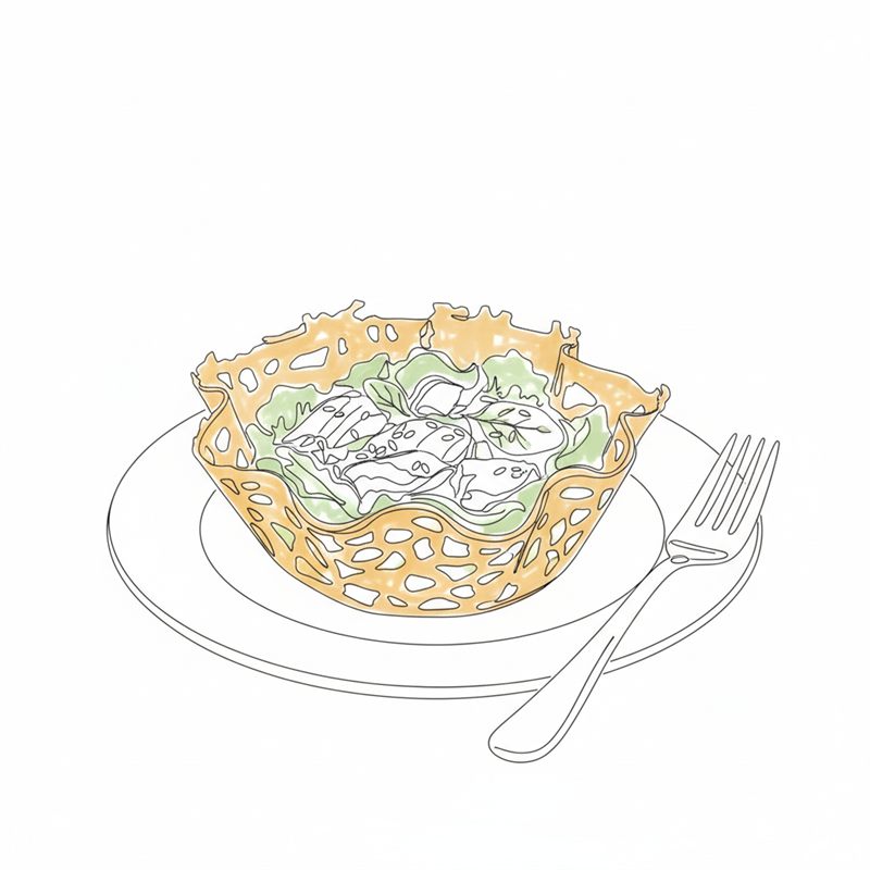Illustration: färdig laxröra upplagd i frasig ostkorg med sallad