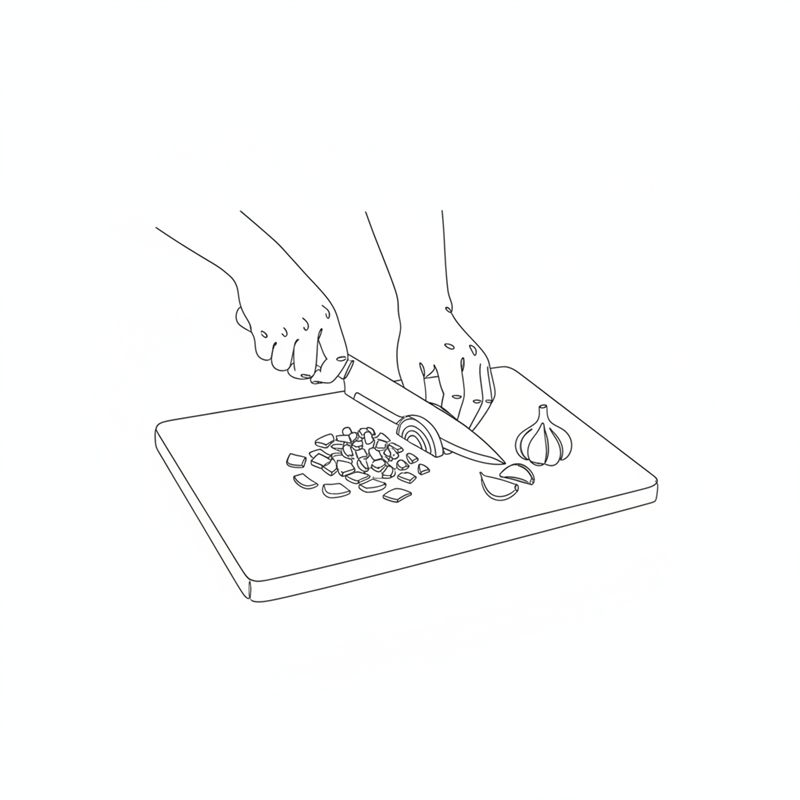 Illustration: lök och vitlök hackas fint på en skärbräda med kockkniv
