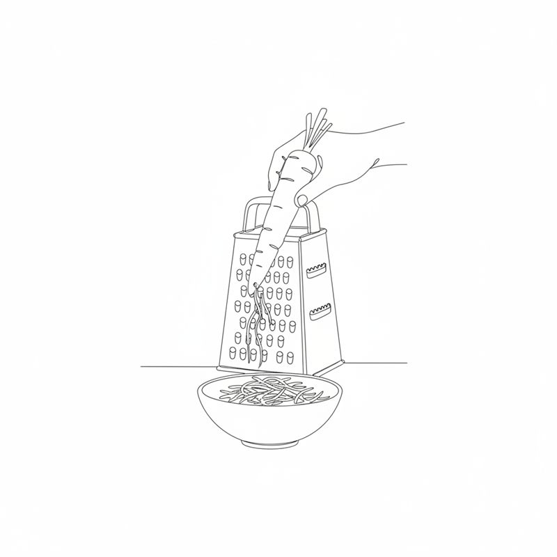 Illustration: en morot rivs på ett rivjärn ner i en skål