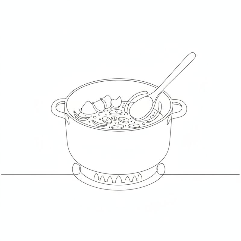 Illustration: lök, morot och örter fräser i en gryta med slev