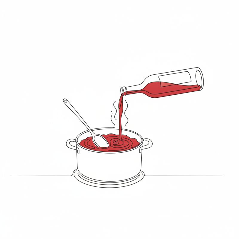 Illustration: tomatpuré rörs ner i grytan medan rödvin hälls i från en flaska