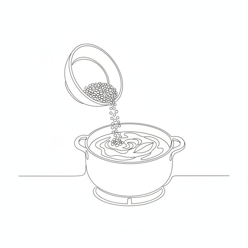 Illustration: torkade belugalinser hälls från en skål ner i en puttrande tomatsås