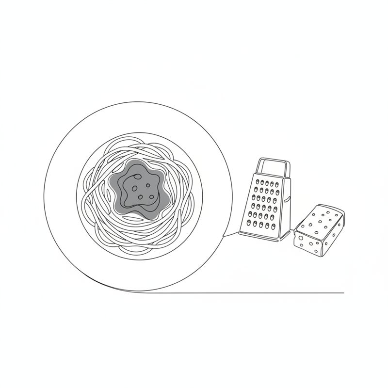 Illustration: en tallrik spaghetti med tjock sås bredvid ett rivjärn och en bit parmesan