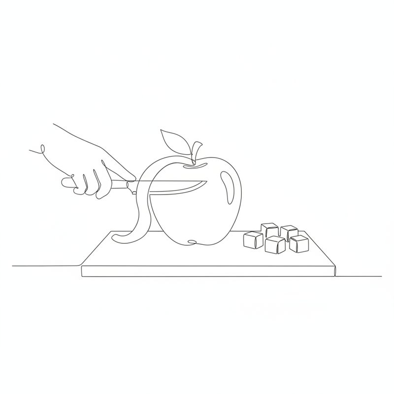 Illustration: äpplen skalas och skärs i tärningar på en skärbräda