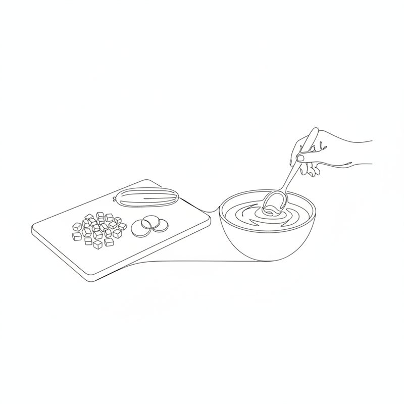 Illustration: sås rörs i en skål med hackad rödlök och inlagd gurka bredvid