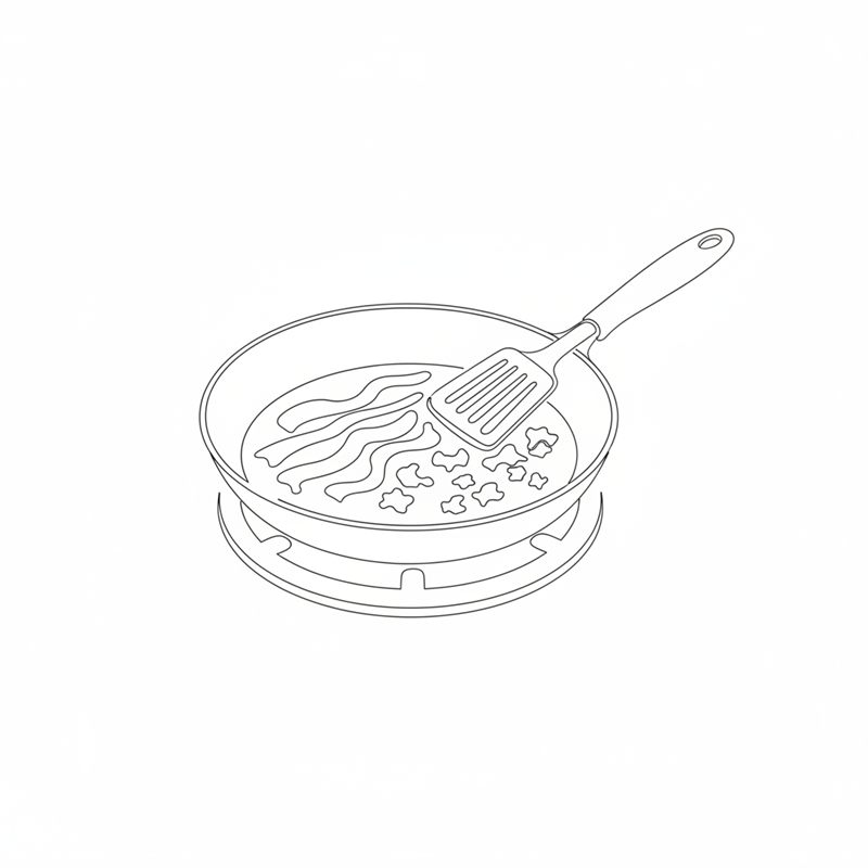 Illustration: baconskivor och köttfärs steks i en stekpanna