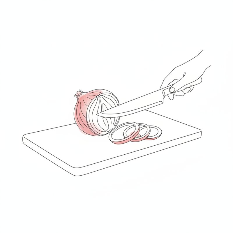 Illustration: en rödlök skärs i tunna ringar på en skärbräda