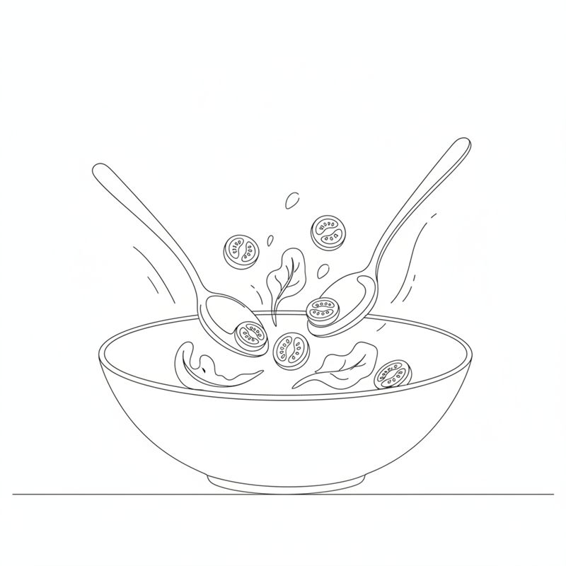 Illustration: salladsblad och halverade tomater blandas i en stor skål
