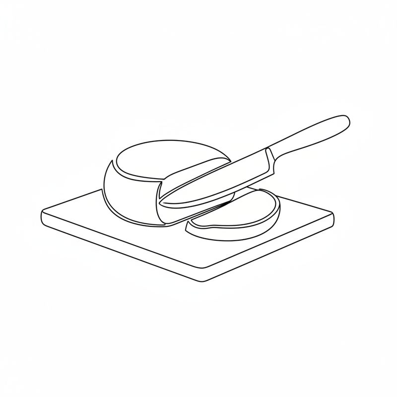 Illustration: en mjuk burrata delas i breda skivor på en skärbräda