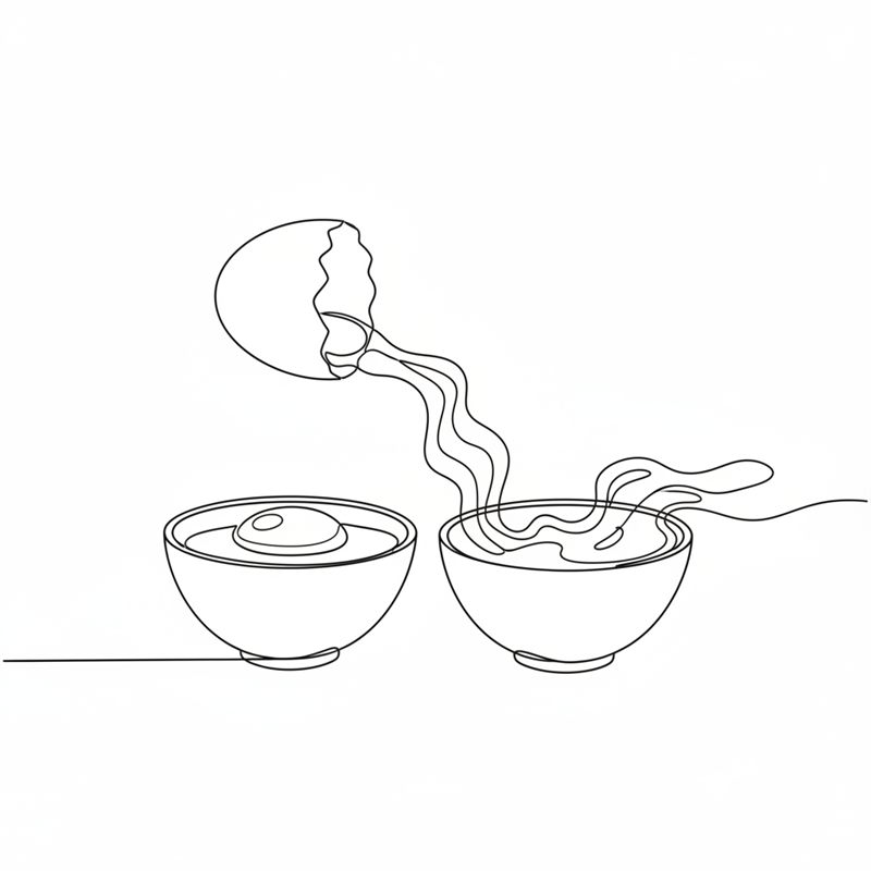 Illustration: ett ägg delas, gulan i en skål och vitan i en annan