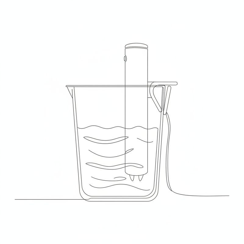 Illustration: ett sous vide-kar med vatten och en cirkulator fäst vid kanten