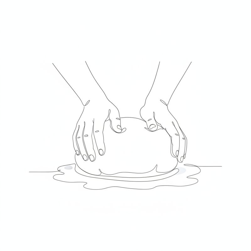 Illustration: två händer arbetar dumplingdegen på ett mjölat bord