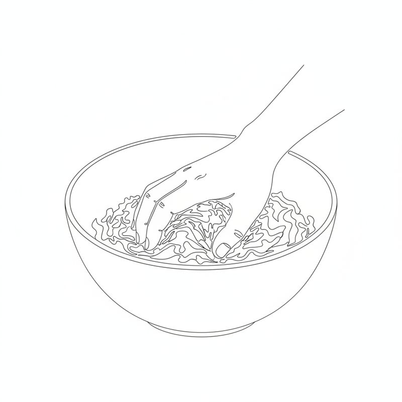 Illustration: en hand pressar ner finhackad vitkål i en skål