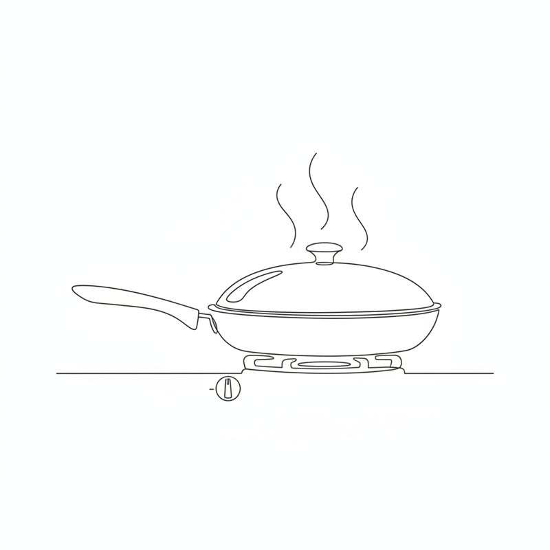 Illustration: en stekpanna med lock på spisen där ångan stiger
