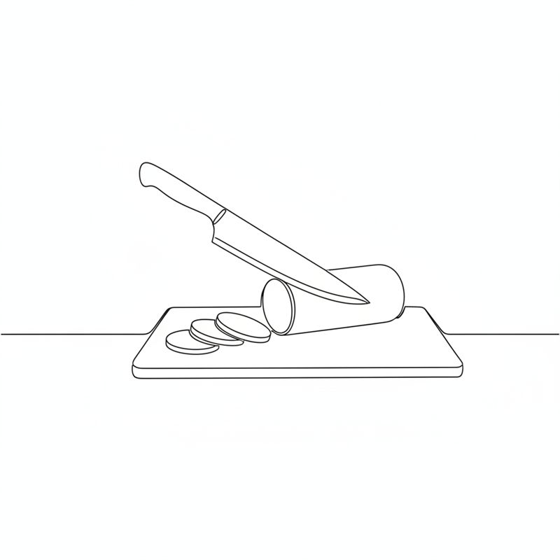Illustration: en kniv skär en rulle foie gras i runda skivor på en skärbräda