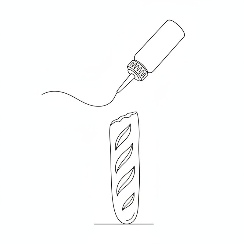 Illustration: en flaska med spetsig pip sprutar dressing ner i hålet i ett korvbröd