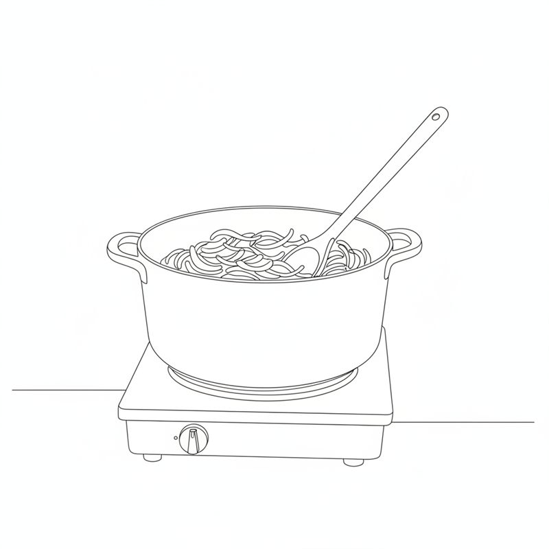 Illustration: skivad lök fräses i en gryta med en träslev i