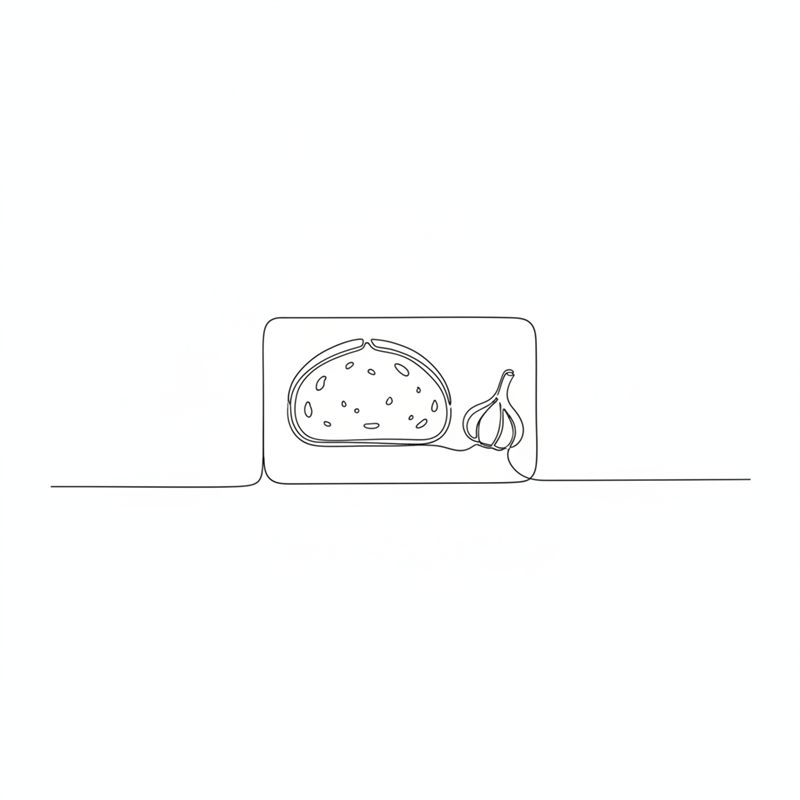Illustration: en rund brödskiva på en bräda med en vitlöksklyfta bredvid