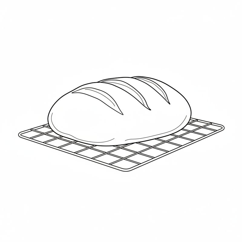 Illustration: ett färdiggräddat franskbröd svalnar på galler