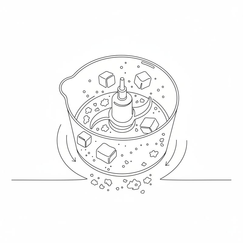 Illustration: kallt smör i tärningar och mjöl körs till mördeg i en matberedare