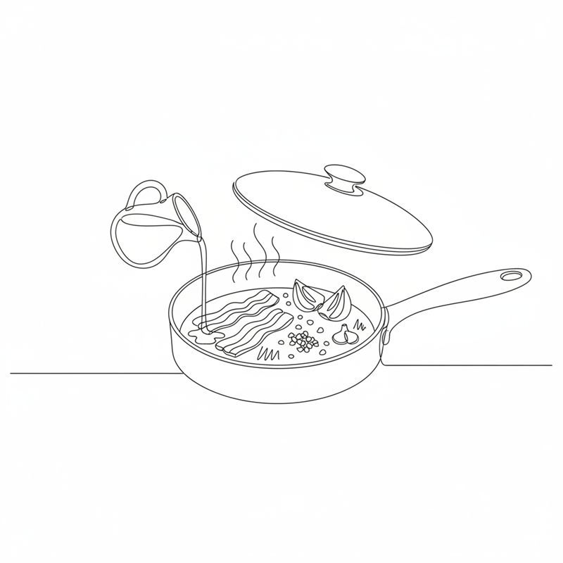 Illustration: bacon, lök och vitlök fräses i en kastrull med balsamvinäger