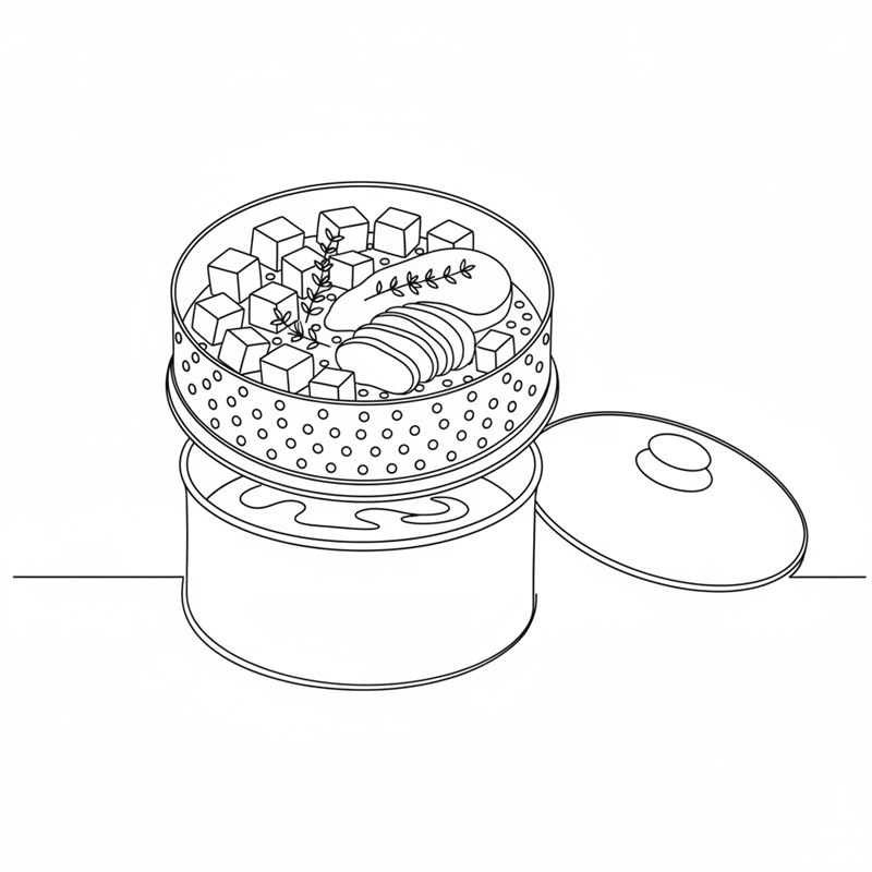 Illustration: sötpotatis i tärningar, kycklingfilé och timjan i en ånginsats över en kastrull