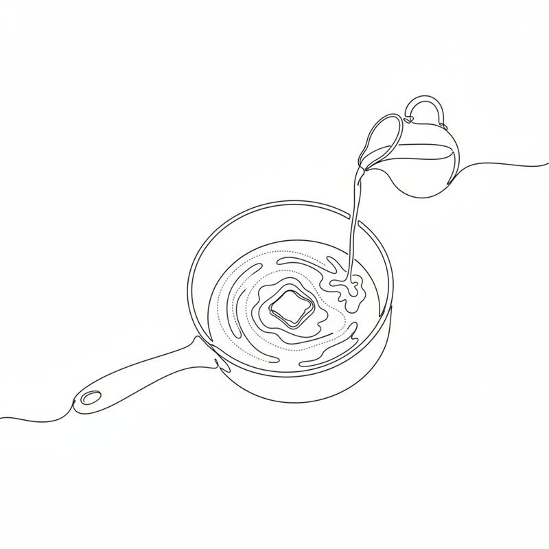 Illustration: mjöl rörs ut i smält smör medan grädde hälls i till en sås