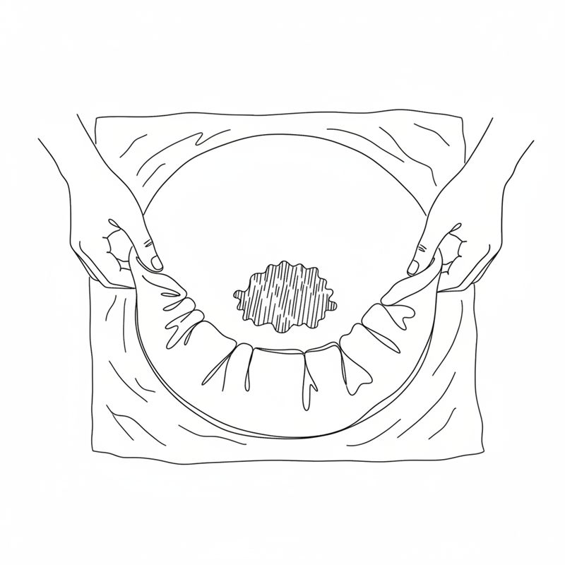 Illustration: den utkavlade degen med fyllning i mitten, där kanten viks in i veck