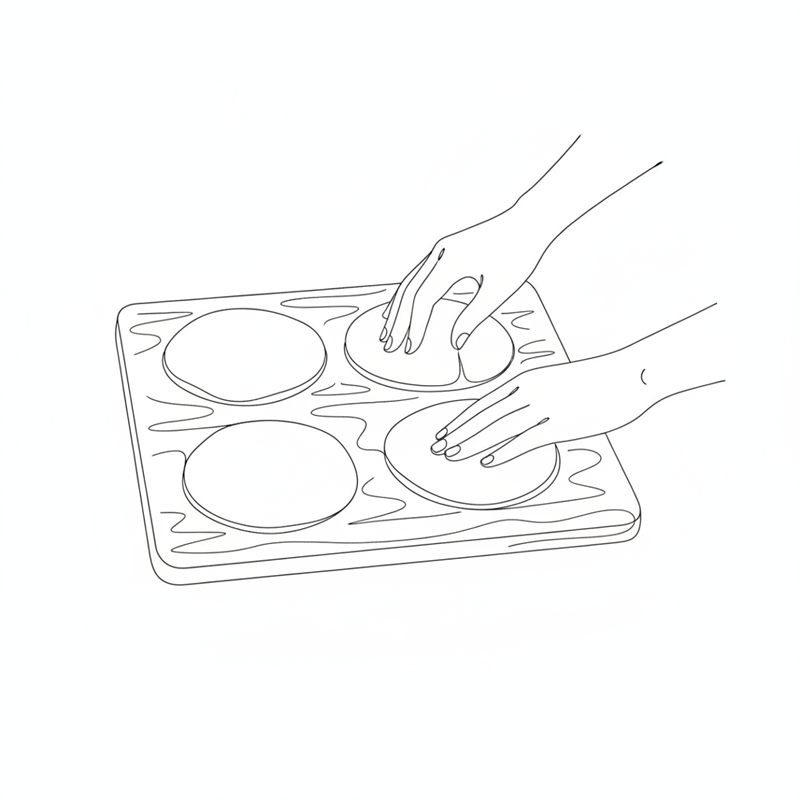 Illustration: fyra platta biffar formas på en skärbräda