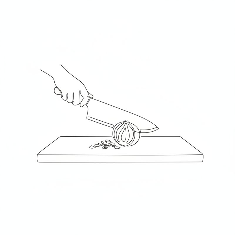 Illustration: en lök hackas fint med en stor kniv på en skärbräda