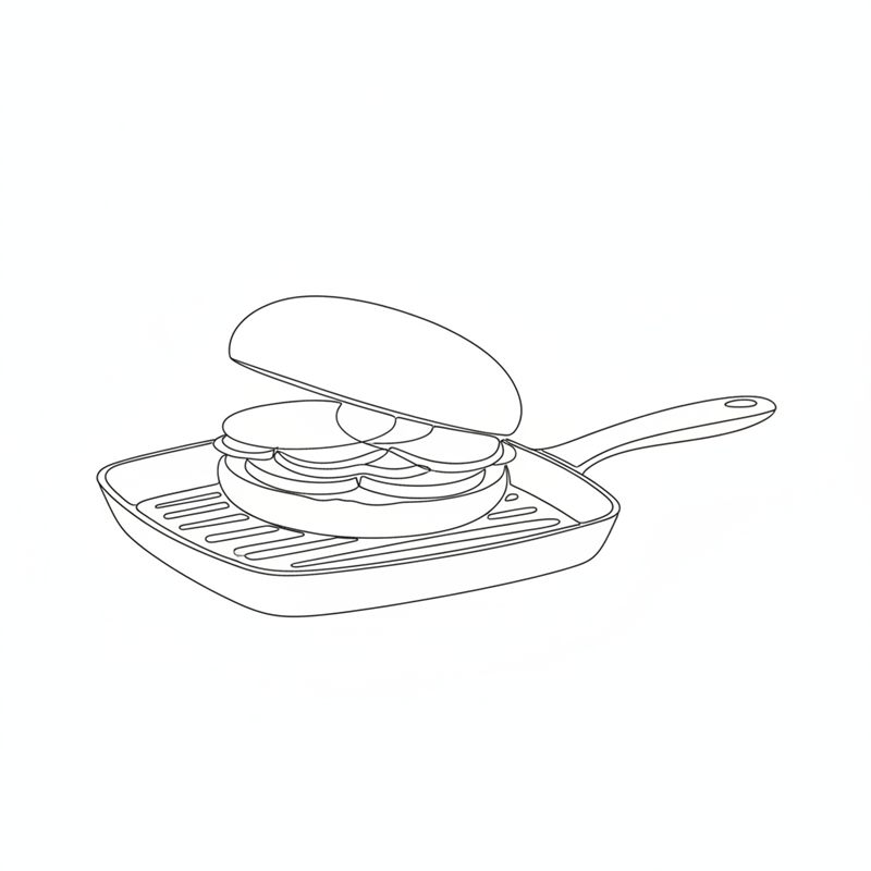 Illustration: en färdig burgare ligger på en räfflad grillplatta