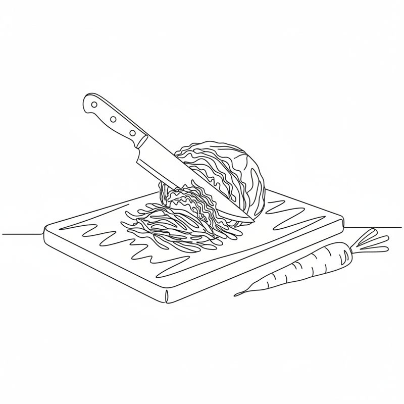 Illustration: kål strimlas fint på en skärbräda till kålsallad