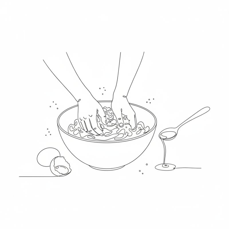 Illustration: mjöl, ägg och olivolja knådas ihop till pastadeg i en skål