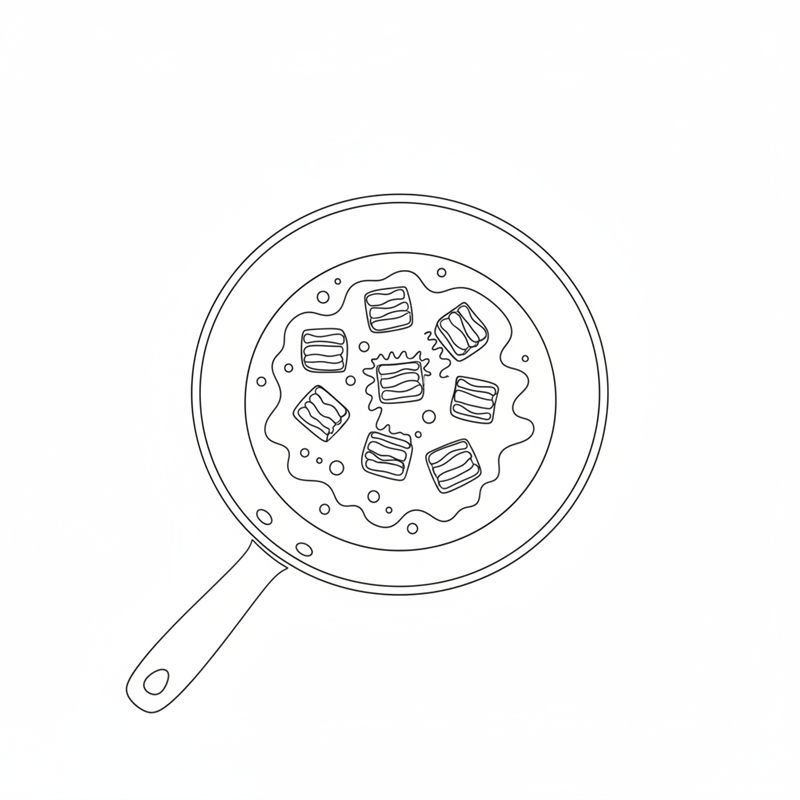 Illustration: bacontärningar steks knapriga i en torr sautépanna