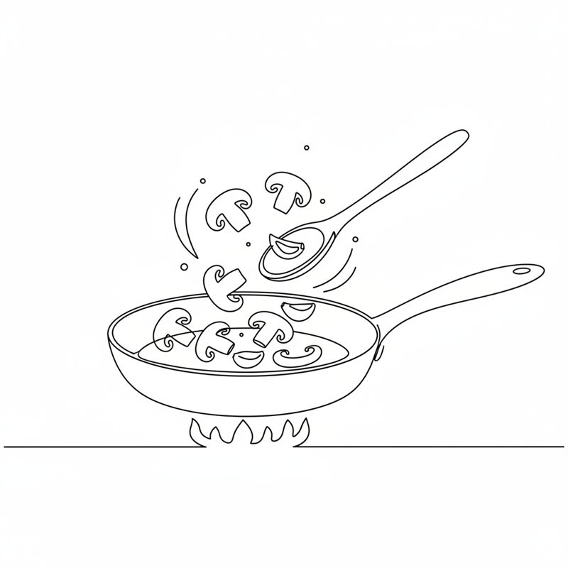 Illustration: skivade champinjoner och vitlök vänds runt i en het panna med en slev