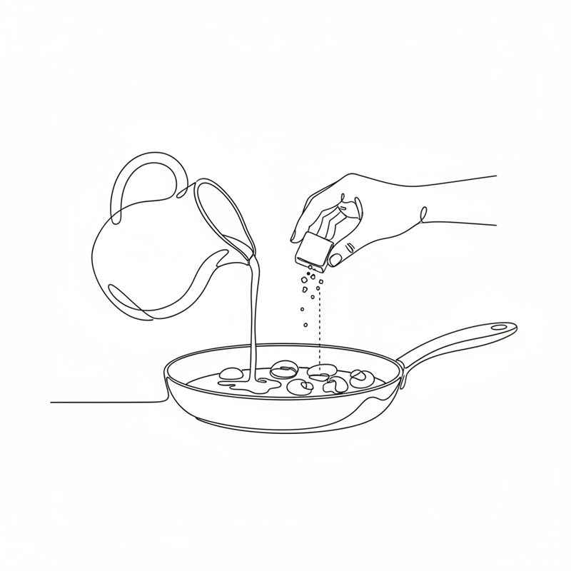 Illustration: grädde hälls från en kanna ner i pannan medan en buljongtärning smulas över