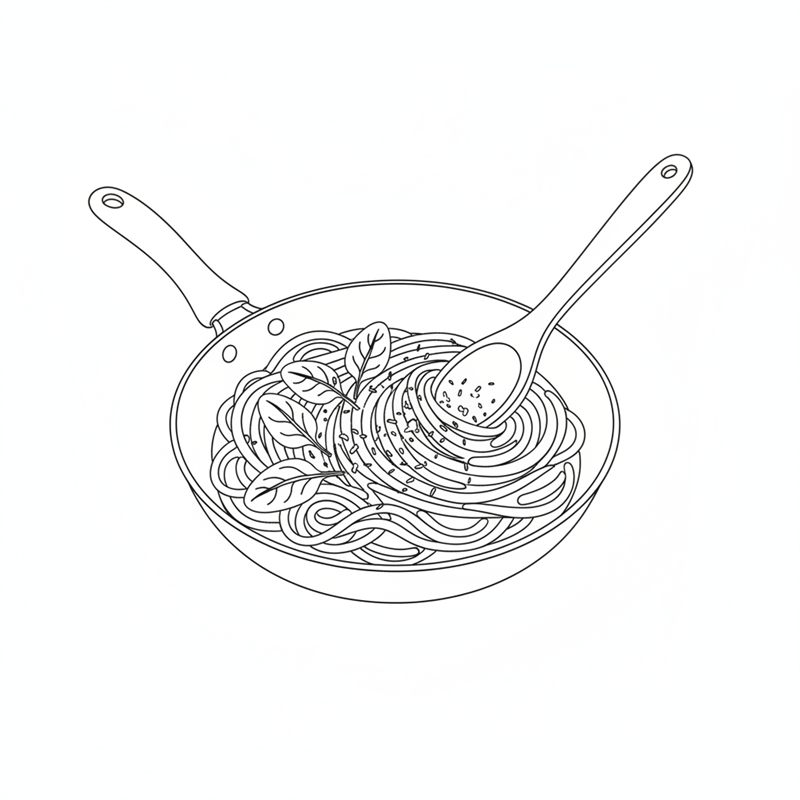 Illustration: spenatblad och riven parmesan rörs ner i en panna med krämig pasta