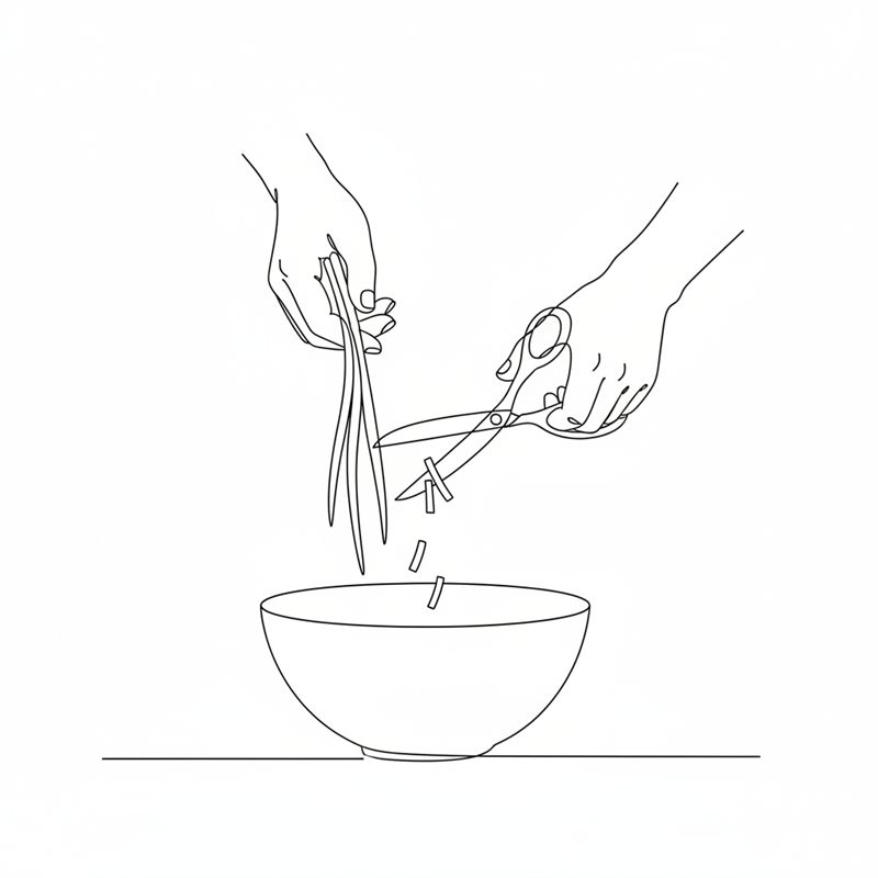 Illustration: färsk gräslök klipps över en skål med en kökssax