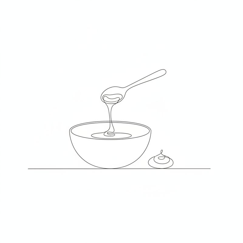 Illustration: flytande honung droppar från en sked ner i en skål bredvid en klick senap