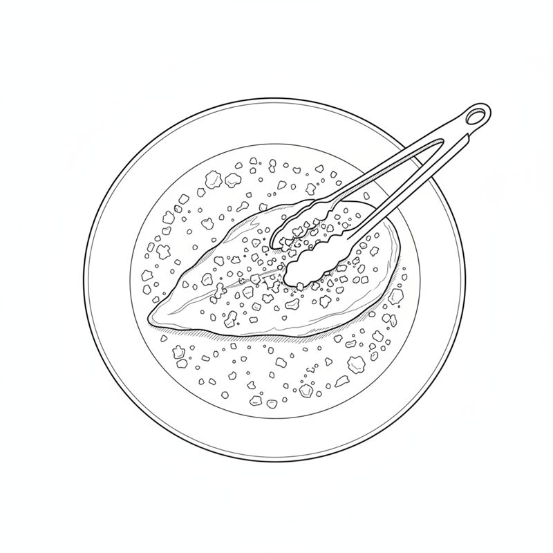 Illustration: en utbankad kycklingfilé vänds i krossade cornflakes med en tång