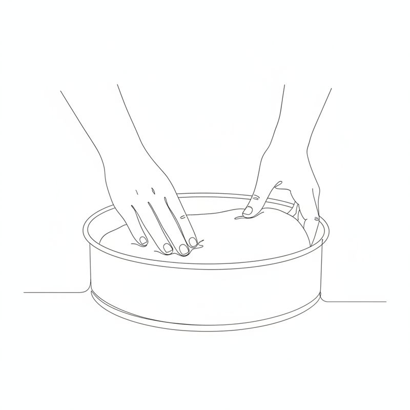 Illustration: två händer trycker ut pizzadegen i botten av en smord form