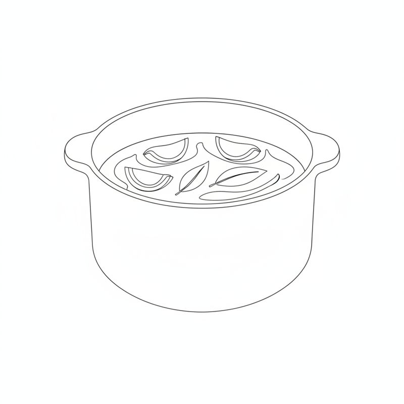 Illustration: en gryta med lökklyftor och lagerblad i vatten