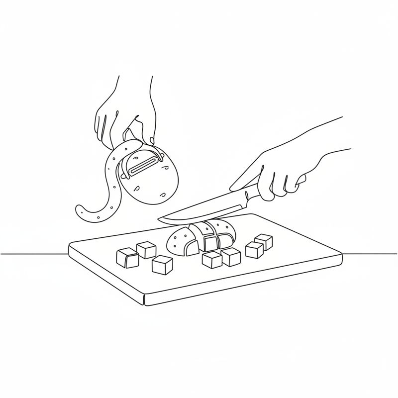 Illustration: en potatis skalas och skärs i små tärningar på en skärbräda