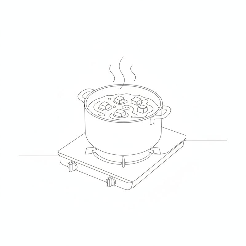 Illustration: en kastrull med vatten på spisen där potatistärningar kokar
