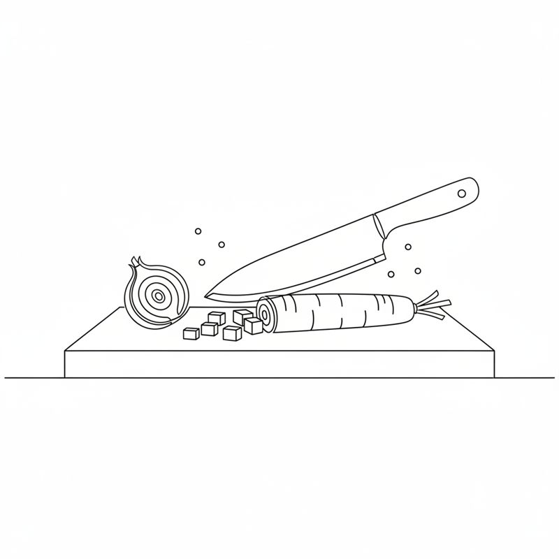 Illustration: en lök och en morot hackas i små tärningar på en skärbräda
