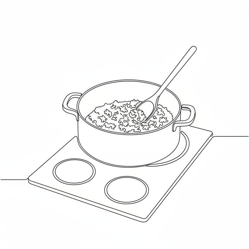 Illustration: en gryta på spisen där en blandning rörs runt med en träslev