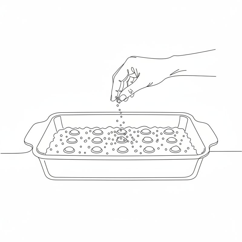 Illustration: ströbröd strös över en ugnsform med smörklickar på ytan